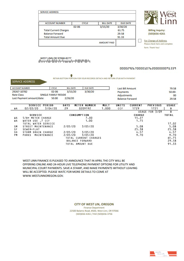 USA Oregon City of West Linn utility bill template in Word and PDF format